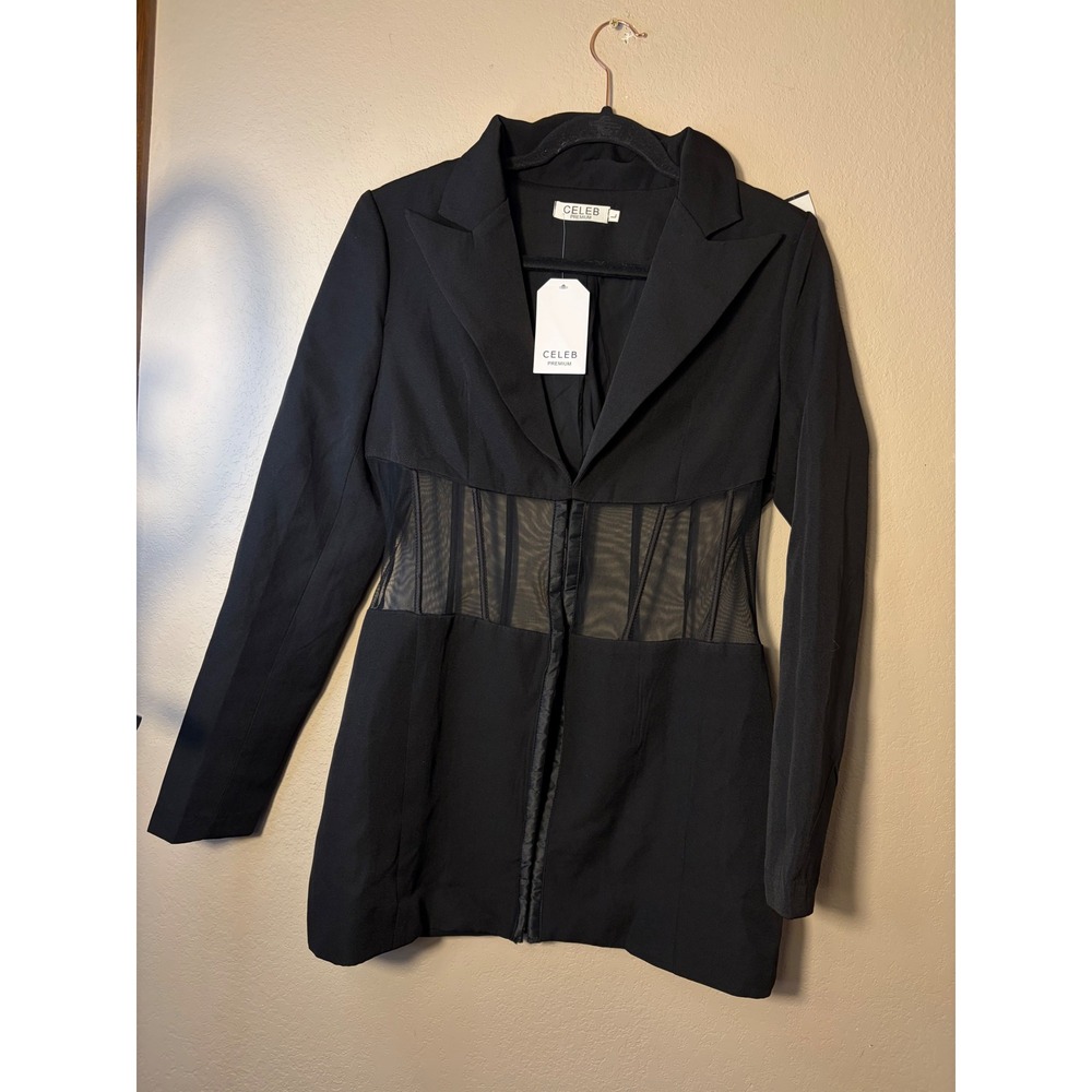 Celeb Premium Black Corset Mesh Waist Blazer Dress Long Sleeve Mini NWT L